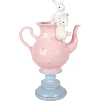 Dekorace králíčci na růžové konvičce na podstavci - 22*14*35 cm