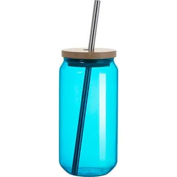 Sklenice Sklenice 550 ml s bambusovým víčkem a brčkem - modrá sublimace termotransfer