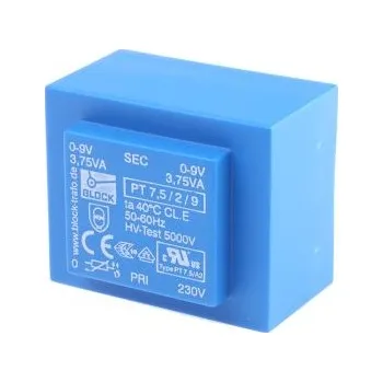 Transformátor Block Transformátor PCB, sekundární napětí: 9 V ac, počet výstupů: 2 Průchozí otvor 65 procent 7.5 VA