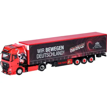 Modelová železnice Herpa 318075 H0 model nákladního vozidla MAN TGX Gardinenplanensatensattag „Genthner/my hýbáme Německo“ (Bádensko-Württembersko/Oberdingen)