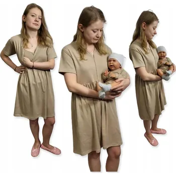 Dámská noční košile NOČNÍ KOŠILE NA KOJENÍ KRÁTKÝ RUKÁV ROZEPÍNACÍ, velikost XS, BÉŽOVÁ + BODY 62