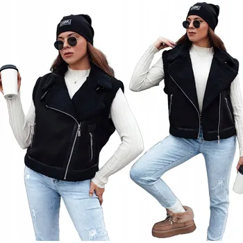 Dámská vesta DÁMSKÁ SEMIŠOVÁ VESTA S KOŽÍŠKEM ČERNÁ ty4742 - M