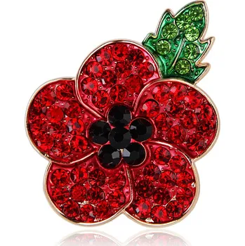 Brož Brož dámská červená květina křišťály elegantní s listy 5 cm
