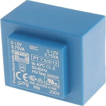 Transformátor Block Transformátor PCB, sekundární napětí: 12 V ac, počet výstupů: 2 Průchozí otvor 65 procent 7.5 VA