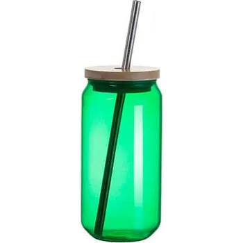 Sklenice Sklenice 550 ml s bambusovým víčkem a brčkem - zelená sublimace termotransfer