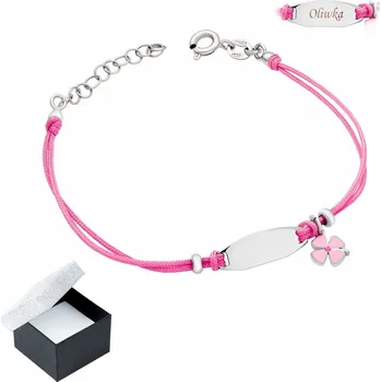 Náramek Náramek pro dívku, šňůrkový, růžový, s kytičkou a GRAVÍROVÁNÍ na destičce