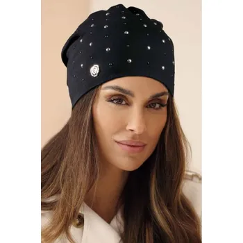 Čepice KRUMLOVANKA Bavlněná dámská čepice se stříbrnými kamínky W-0651/018 černá