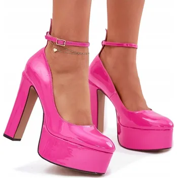 Dámské lodičky LAKOVANÉ LODIČKY VYSOKÝ PODPATEK SLOUPEK PLATFORMA EKO KŮŽE RŮŽOVÉ 39