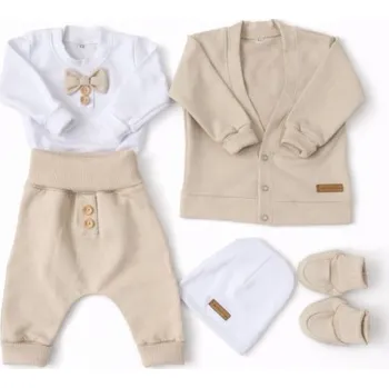 Kojenecké oblečení Bavlněná sada, body, kalhoty, motýlek a čepice Elegant Boy 5D, béžová/bílá, vel. 62