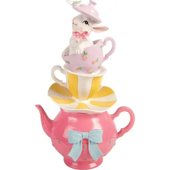 Dekorace králíček na šálcích a růžové konvičce - 16*13*26 cm