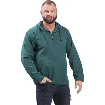 Pánská košile Košile Nepál / ETNO KURTA s kapucí smaragdově zelená 3XL