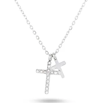 Řetízek biju Řetízek z chirurgické oceli s přívěskem, dvojitý křížek se zirkony 3001685