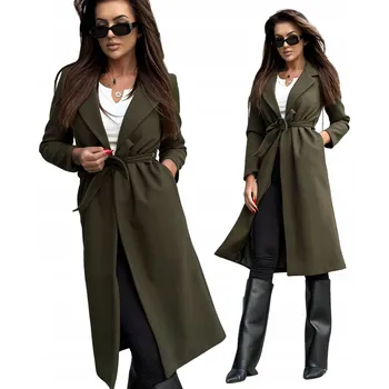 Dámský kabát Elegantní dámský dlouhý kabát s vázáním, flaušový, klasický khaki L