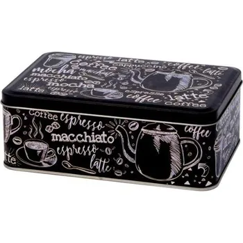 Dóza na potraviny MACCHIATO černá plechová dóza na sušenky 7311 s bílými kávovými nápisy a obrázky
