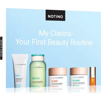 Beauty Discovery Box Notino Clarins My Clarins Re-Boost Hydra-Energizing Cream denní energizující sérum pro mladou pleť 5 ml + Clarins My Clarins Reveal Purple Gentle Radiance Scrub obnovující peeling 5 ml + Clarins My Clarins Re-Charge Hydra-Replumping N