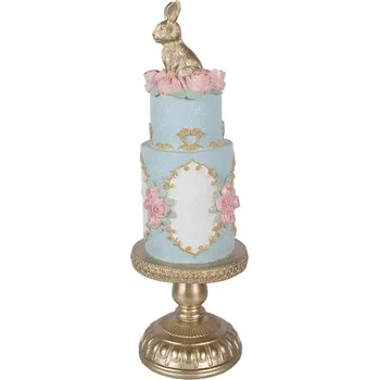 Dekorace modro-zlatý dort zdobený růžičkami a králíčkem - Ø 12*37 cm