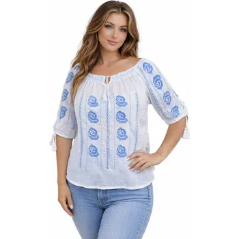 Dámská halenka Halenka - bílá s modrou výšivkou Velikost: L