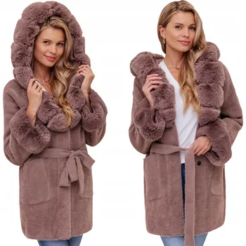 Dámský kabát BELLA MĚKOUČKÝ PLÁŠŤ S PÁSKEM S KAPUCÍ ALPAKA S KOŽÍŠKEM Z ALPAKY