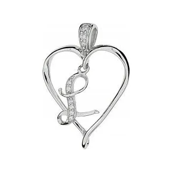 Přívěsek Stříbrný Přívěsek Srdce s bílými zirkony Ag 925 Rhodiovaný, srdíčko písmeno L