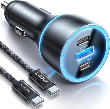 Lisen - nabíječka do auta (YL0224010001) - s kabelem Type-C, USB-A, Type-C, 170 W, GaN, hliníková slitina, 12/24 V, 1 m - černá