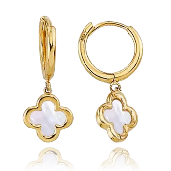 Šperk MINET Zlaté náušnice kroužky čtyřlístky s bílou perletí Au 585/1000