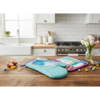 Chňapka Kuchyňský SET rukavice/chňapka SWEET EASTER tyrkysová 18x30 cm/20X20 cm , 100% bavlna