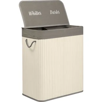 Kolíček na prádlo Massido 678102 Bambusový koš na prádlo s víkem, dvoukomorový, 100 l, krémový