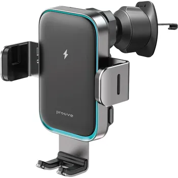 Proove - držák do auta s bezdrátovým nabíjením Triple Clamp Pro (WHTP15010004) - uchycení 2v1, automatický, LED, Qi2 15W - kovově šedá