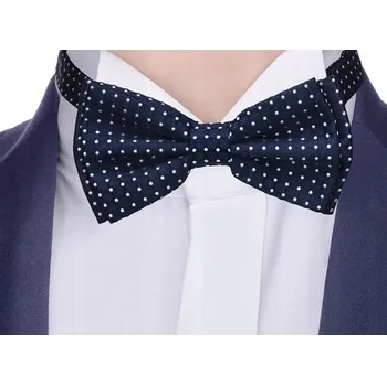 Motýlek Tmavě modrý motýlek s puntíky + KRABIČKA Žakárový motýlek 12x6cm Motýlek ke košili mz05C