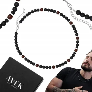 Náhrdelník PÁNSKÝ NÁHRDELNÍK Z KORÁLKŮ ČERNOHNĚDÝ Z ONYXU A DŘEVA, NASTAVITELNÝ