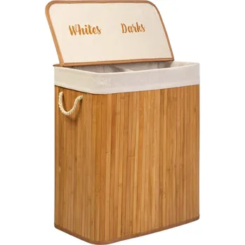 Sušák na prádlo Massido 678100 Bambusový koš na prádlo s víkem, dvoukomorový, 100 l, hnědý