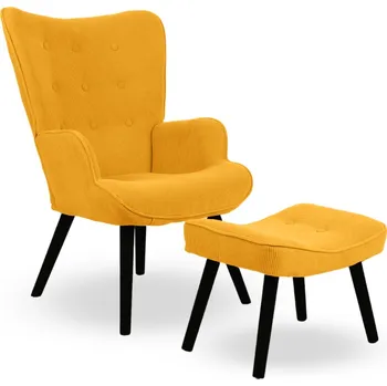 Křeslo Křeslo ušák CORDU + taburet — masiv, manšestr, černá / hořčicová