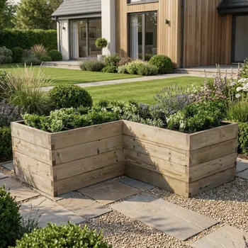Vyvýšený záhon Vyvýšený záhon ve tvaru L - výška 64cm Krok 2: Vyberte povrch: Přírodní, Krok 1: Vyberte velikost (délka x šířka): 1800x1800x600x600 - rohový záhon pro klasickou zahradu, Krok 3: Vyberte nopovou fólii: Bez folie