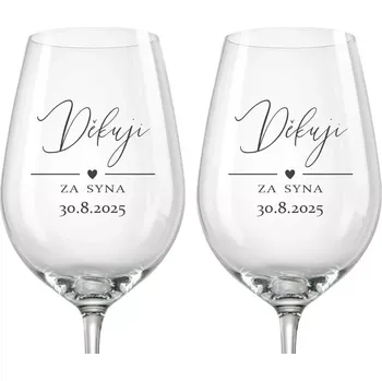 Sklenice Svatební skleničky na víno Děkuji za syna, 2 ks (Do poznámky v nákupním košíku napište datum svatby)
