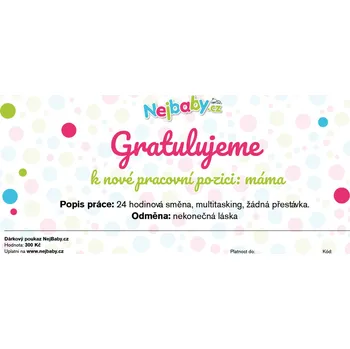Dárkový potravinový koš Tištěný dárkový poukaz Nejbaby "Gratulujeme k nové pracovní pozici máma" 300 Kč