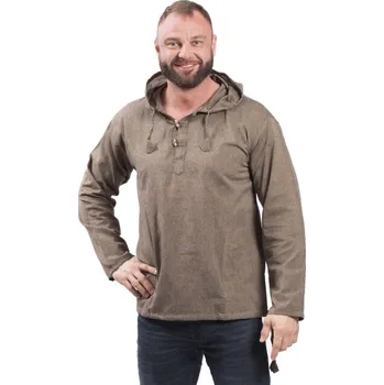 Pánská košile Košile Nepál / ETNO KURTA s kapucí hnědo-béžová 3XL