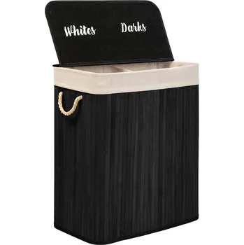 Sušák na prádlo Massido 678101 Bambusový koš na prádlo s víkem, dvoukomorový,100 l, tmavě šedý