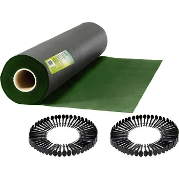 Zahradní obrubník Plonos 490702 Zahradní agrotextilie 1,6 × 50 m 90 g/m² + 100 kolíků, černozelená
