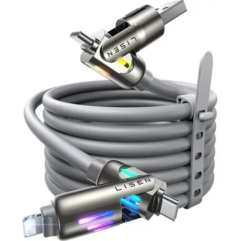 Lisen - datový kabel (YL0124110002) - 4v1, USB/Type-C na Type-C/Lightning, RGB osvětlení, 240W, 480Mbps, 2m - šedá