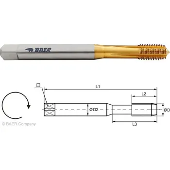 Závitořezný nástroj BAER HSSE-TiN tvářecí závitník (beztřískový), s mazací drážkou – DIN 371 (M2 - M10) M 3 x 0,5