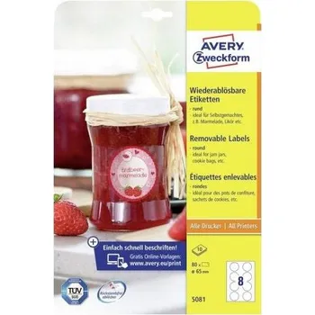 Papír pro tiskárny Avery-Zweckform 5081 univerzální etikety Ø 65 mm papír bílá 80 ks přemístitelné barevná laserová tiskárna, laserová tiskárna, inkoustová tiskárna