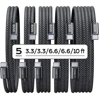 Lisen - sada 5 kusů datových kabelů (YL0123070010) - Type-C, 60 W, 480 Mbps, rychlé nabíjení, opletený, 1 m/1 m/2 m/2 m/3 m - černá