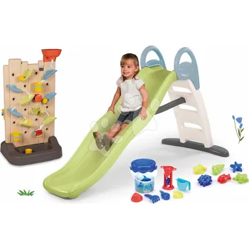 skluzavka Set skluzavka s dvojitou vlnou a hrací stěna s aktivitami Toboggan Life Smoby délka 200 cm s vodotryskem a kbelík set Delfín