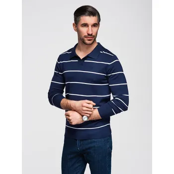 Pánská košile Pánská polokošile s dlouhým rukávem a vodorovným pruhem z viskózy - tmavě modrá a bílá V1 OM-POLS-0146 - M