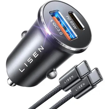 Lisen - nabíječka do auta (YL0223110003) - s opleteným kabelem Type-C, USB, USB-C, PD65W, QC3.0, 12V=24V, hliníková slitina - stříbrná