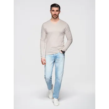 Pánská móda Pánské tričko s dlouhým rukávem bez potisku a výstřihem do V - světle béžové V1 OM-LSBL-0108 - XL