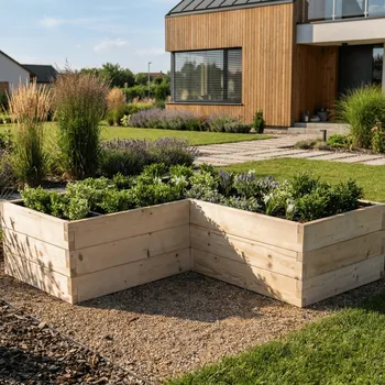 Vyvýšený záhon Vyvýšený záhon ve tvaru L - výška 48cm Krok 2: Vyberte povrch: Přírodní, Krok 1: Vyberte velikost (délka x šířka): 1800x1800x600x600 - rohový záhon pro klasickou zahradu, Krok 3: Vyberte nopovou fólii: Bez folie