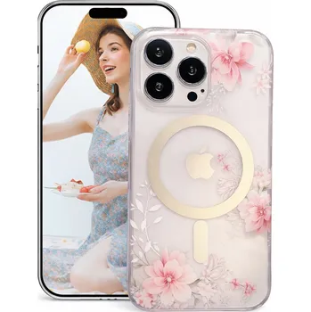 Pouzdro na mobilní telefon Prémiový MagSafe ochranný kryt z tvrdého silikonu s motivem květin pro iPhone 16 Pro Max Barva: Růžové květy