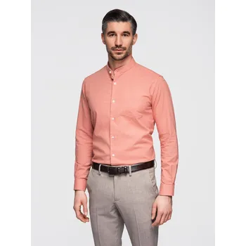 Pánská lněná košile se stojáčkem a kapsou REGULAR FIT - broskvová V1 OM-SHCS-0161 - S