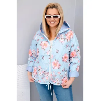 Dámská jarní prošívaná bunda Plus Size s kapucí a květinovým vzorem modrá UNI